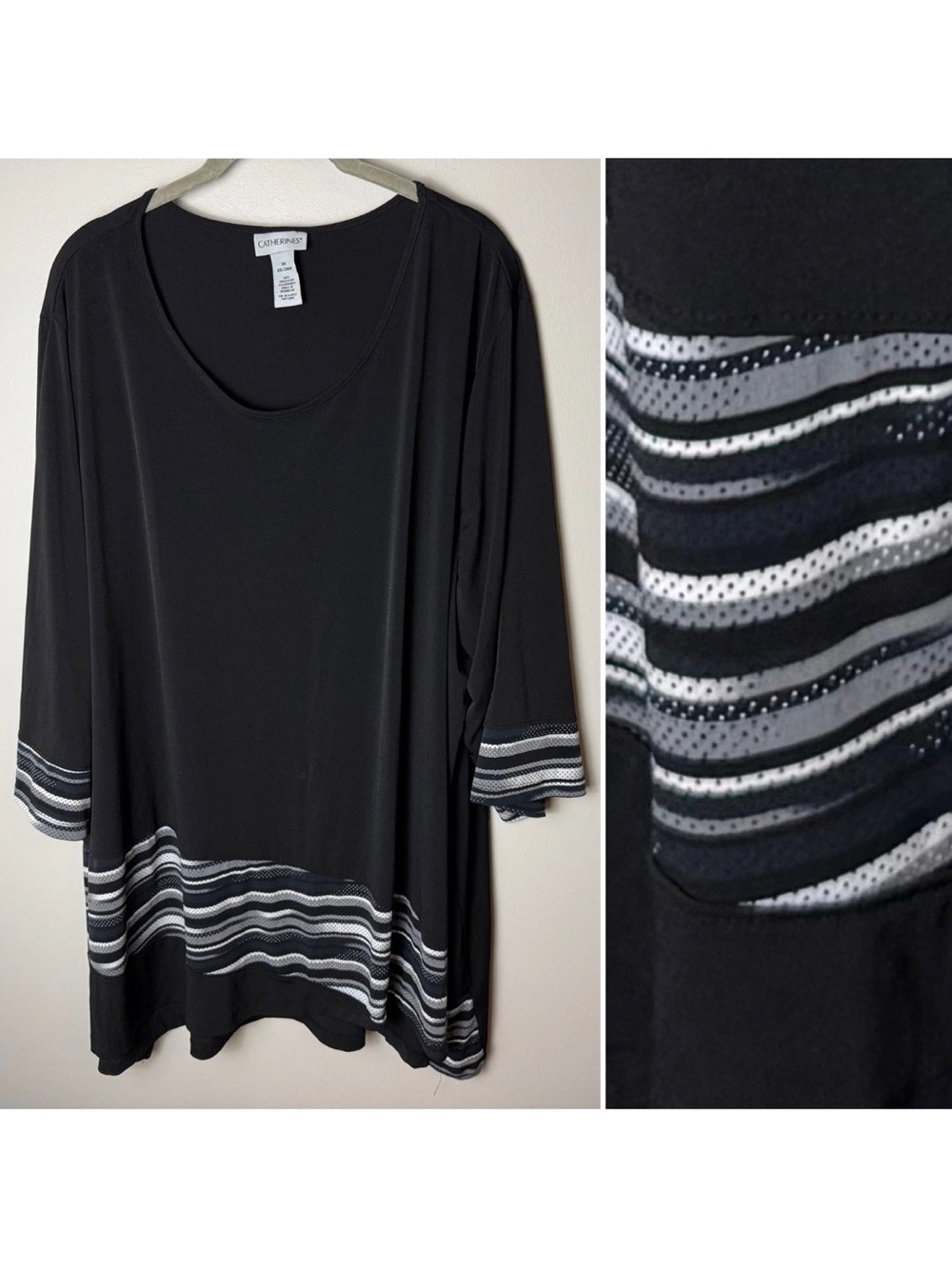 Catherines Tunic Top Plus Size 3X 26W 28W  3/4 Sleeves Stretch Black Gray White